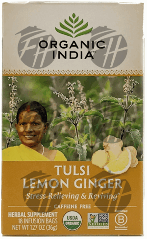 Organic India Tulsi lemon ginger flavor herbal supplement tea, stress-relieveing & reviving, 18-bags 1.27 ounce