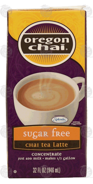 Oregon Chai sugar free. chai tea latte concentrate, just add milk, makes 1/2 gallon 32 fluid ounce