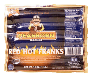 Dearborn red hot franks, 5 ct 16 ounce