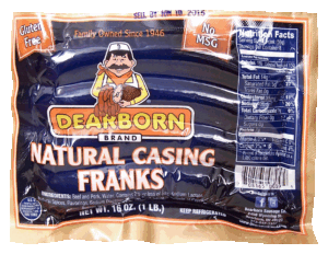 Dearborn natural casing franks, 8-count, bunsize 16 ounce