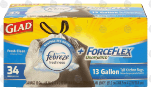 Glad ForceFlex tall kitchen drawstring bags, 13 gallon, with odor shield, fresh clean scent 34 count