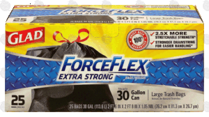 Glad Force Flex large trash bags, stretchable strength, 30 gallon size 25 count