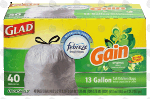 Glad Odor Shield 13 gallon tall kitchen bags with febreze freshness, gain original scent 40 count