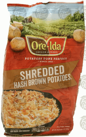 Ore-Ida shredded hash brown potatoes, frozen bag 30 ounce