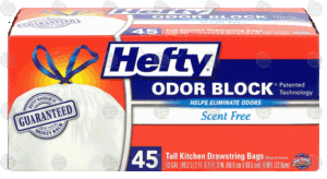 Hefty Odor Block tall kitchen drawstring bags, 13 gallon, scent free 45 count
