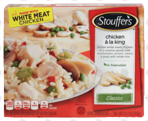 Stouffer's Classics chicken a la king; chicken in a creamy sauce w/ mushrooms, onions, celery & peas w/ white rice 11.5 ounce