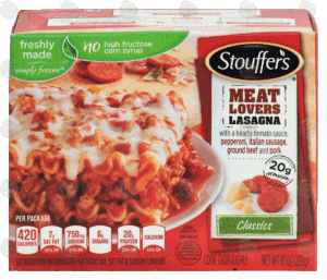 Stouffer's Classics meat lovers lasagna with a hearty tomato sauce, pepperoni, italian sausage, ground beef and pork 10 ounce