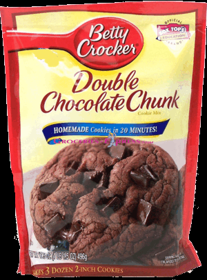 Betty Crocker double chocolate chunk cookie mix, just add oil & egg, makes 3 dozen 2-inch cookies 17.5 ounce