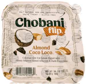 Chobani Greek Yogurt flip; almond coco loco, coconut low-fat yogurt with dark chocolate & honey roasted salted almonds 5.3 ounce