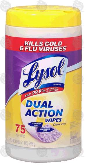 Lysol dual action wipes, citrus scent 75 count