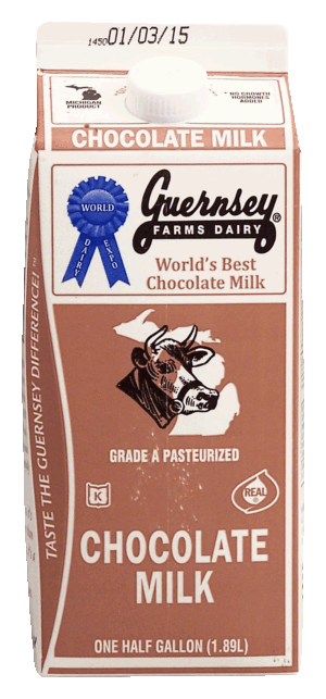 Guernsey Farms Dairy chocolate milk, grade a pasteurized 0.5 gallon