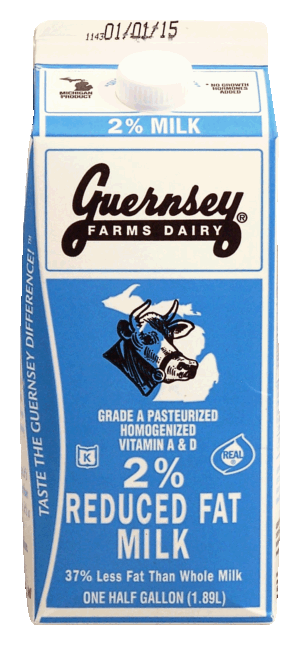 Guernsey Dairy Farms 2 % reduced fat milk, grade a pasteurized homogenized 0.5 gallon