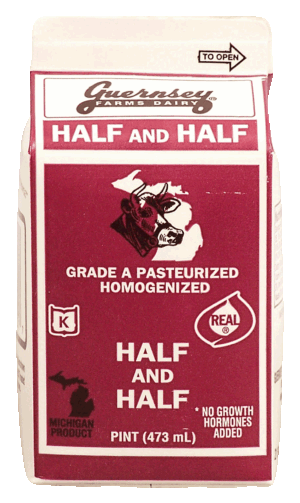 Guernsey Farms Dairy half and half, grade A, pasteurized, homogenized 1 pint