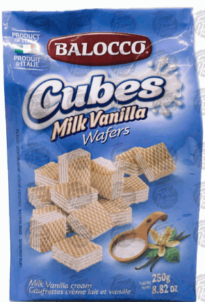 Balocco milk vanilla cream cube wafers, resealable bag 8.82 ounce