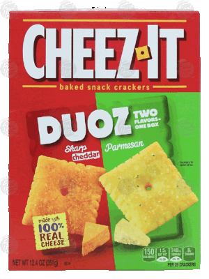 Sunshine Cheez-It Duoz; sharp cheddar and parmesan flavored baked snack crackers 12.4 ounce
