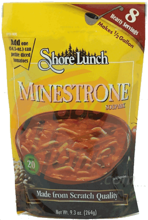 Shore Lunch minestrone soup mix, add can of petite diced tomoates, makes 8 servings 9.3 ounce