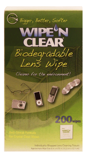 Wipe 'N Clear lens wipe, biodegradable individually wrapped tissues 200 count