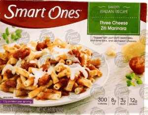 Weight Watchers Smart Ones three cheese ziti marinara topped with part-skim mozzarella, monterey jack and parmesan 9 ounce