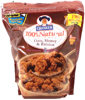 Quaker 100% Natural Granola; oats, honey & raisins, two bags 69 ounce