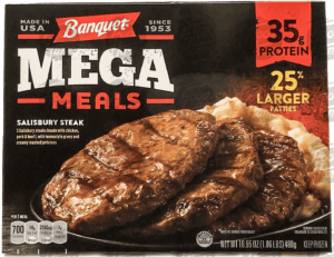 Banquet Mega Meals salisbury steak, 3 pieces with gravy over mashed potatoes 16.95 ounce