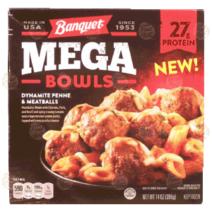 Banquet Mega Bowls dynamite penne & meatballs topped with mozzerella cheese 14 ounce