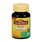 Nature Made iron 65-mg, equivalent to 325-mg Ferrous Sulfate, dietary supplement tablets 180 count