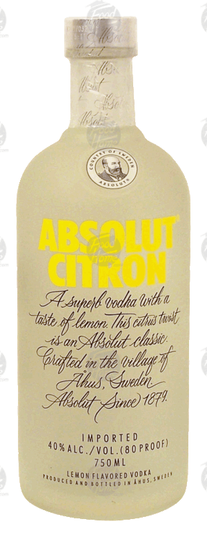 Absolut Citron lemon flavor vodka, imported, 40% alc. by vol. 750 milliliter