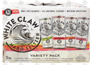 White Claw hard seltzer variety pack; lime, raspberry, grapefruit, black cherry, 5% alc. by vol., 12-fl. oz. 12 pack