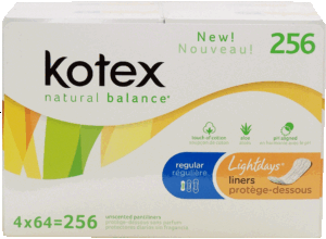 Kotex natural balance pantiliners, regular unscented, 4-packs of 64 256 count