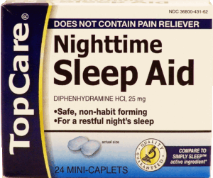 Top Care nighttime sleep aid, non-habit forming, diphenhydramine hci, 25 mg, does not contain pain reliever 24 count