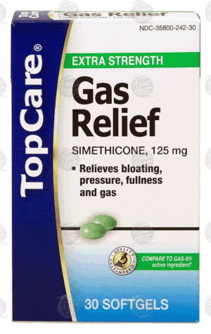 Top Care anti-gas, simethicone 125 mg, relieves discomfort, pressure, and bloating, softgels 30 count