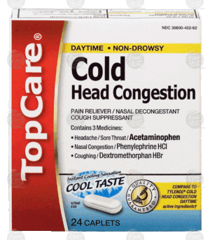 Top Care day time pain reliever, cough suppressant, nasal decongestant, cool taste caplets 24 count