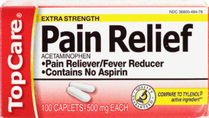 Top Care pain reliever/fever reducer, contains no aspirin, 500 mg each 100 count