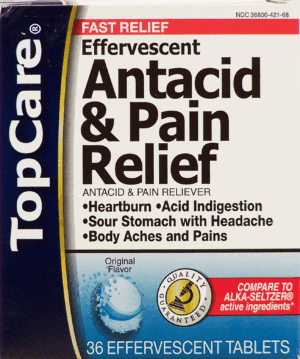 Top Care antacid and pain reliever, effervescent tablets, original flavor 36 count