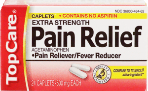 Top Care acetaminophen pain reliever/fever reducer, 500 mg each 24 count