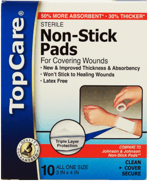 Top Care non-stick pads for covering wounds, all one size, 3 x 4-inch 10 count