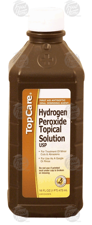 Top Care first aid antiseptic hydrogen peroxide solution usp, for antiseptic gargle/rinse, cuts and abrasions 16 fluid ounce