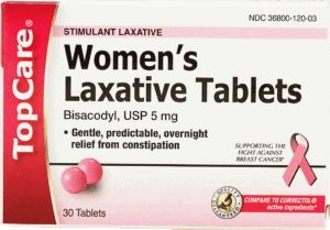 Top Care women's laxative tablets, bisacodyl USP 5mg tablets, compare to correctol 30 count