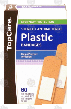 Top Care sterile, antibacterial, plastic bandages, all one size 60 count