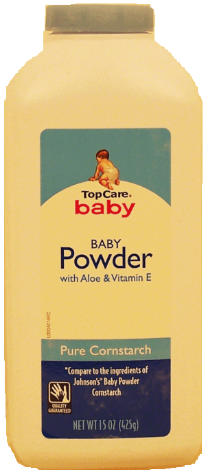 Top Care cornstarch baby powder, absorbs moisture 15 ounce