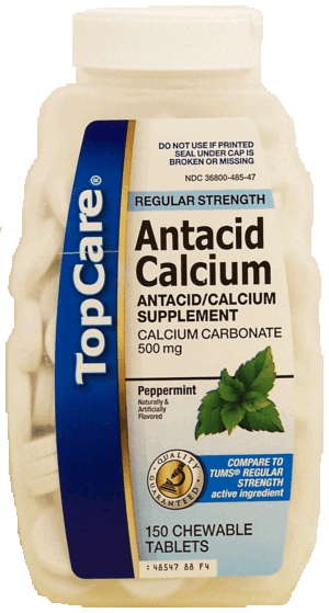 Top Care antacid calcium supplement, regular strength, peppermint, chewable tablets 150 count