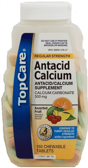 Top Care regular strength antacid/calcium supplement, assorted fruit flavor, chewable tablets 150 count