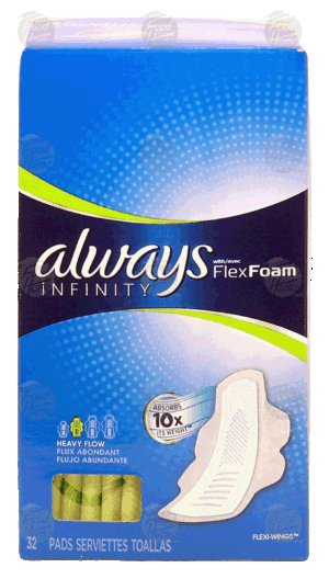 Always Infinity pads with flex foam, heavy flow, flexi-wings 32 count