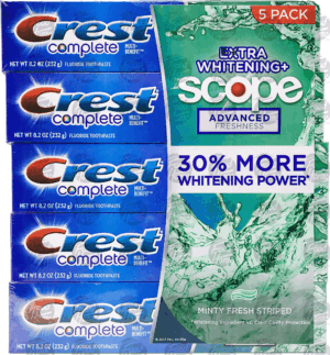 Crest complete toothpaste, multi-benefit, minty fresh Scope striped, 8.2-oz. tubes 5 count