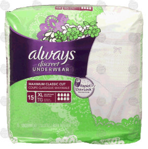 Always discreet underwear, maximum classic cut, xl 48-64 in waist, rapid dry + odor lock protection 15 count