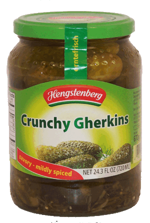 Hengstenberg crunchy gherkins, savory - mildly spiced 24.3 fluid ounce