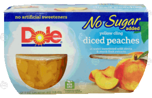 Dole diced peaches in water sweetened with stevia, yellow cling, no sugar added, 4-oz. cups 4 pack