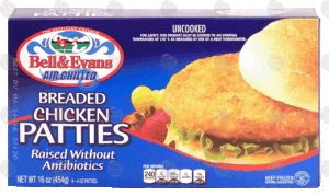 Bell & Evans Air Chilled uncooked breaded chicken patties, raised without antibiotics, 4-4 oz patties 16 ounce