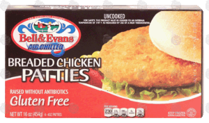 Bell & Evans Air Chilled uncooked breaded chicken patties, raised without antibiotics, gluten free 16 ounce