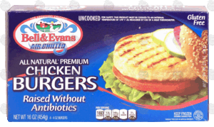 Bell & Evans Air Chilled uncooked all natural premium chicken burgers, raised without antibiotics 4- 4oz burgers, gluten free 16 ounce